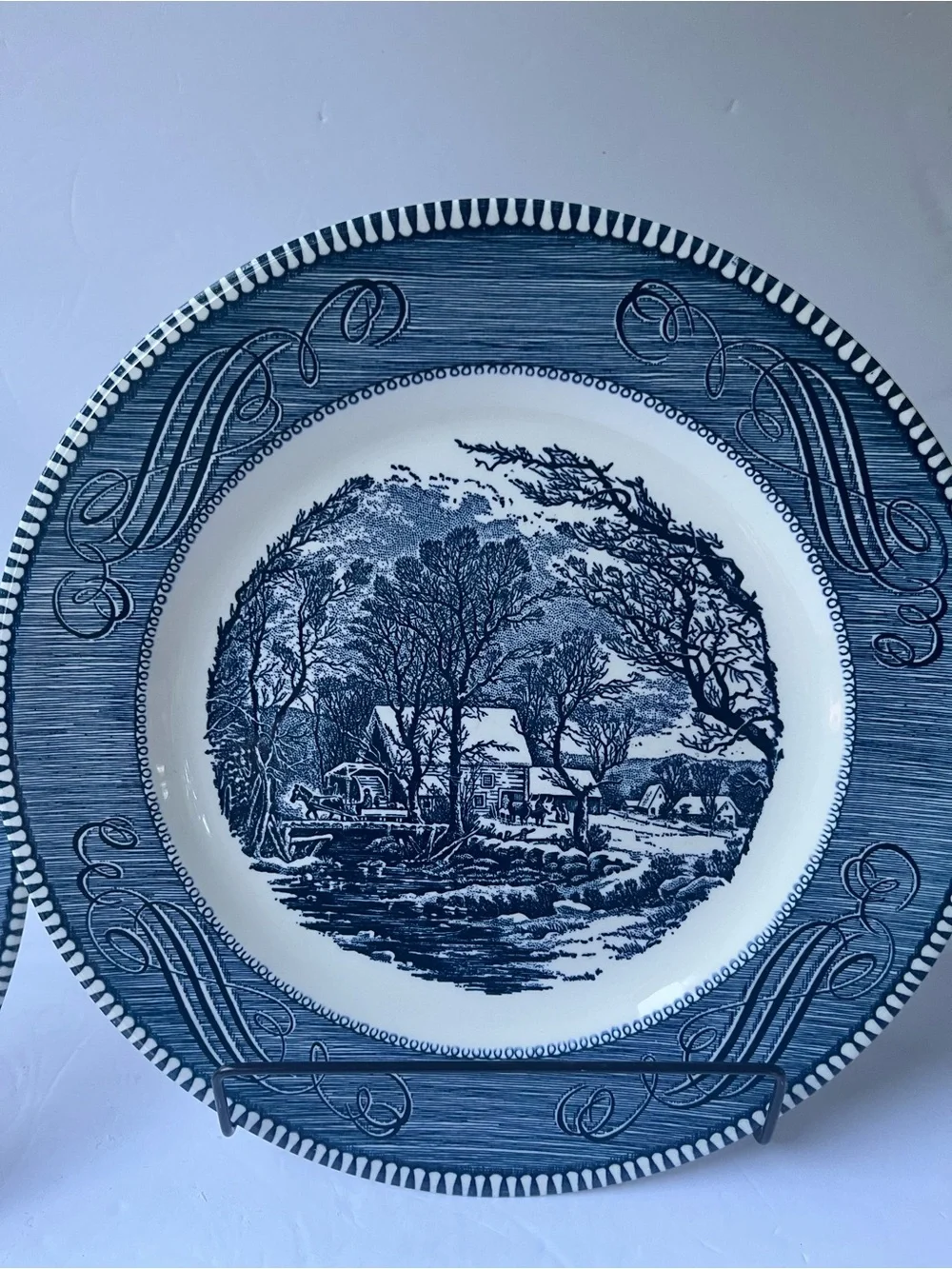 VTG Royal (2) Currier & Ives Blue Scroll Dinner PlatesThe Old Grist Mill USA